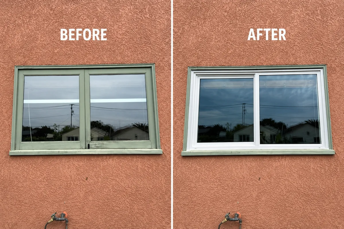 Before and after slider window replacement on pink stucco home, East Bay