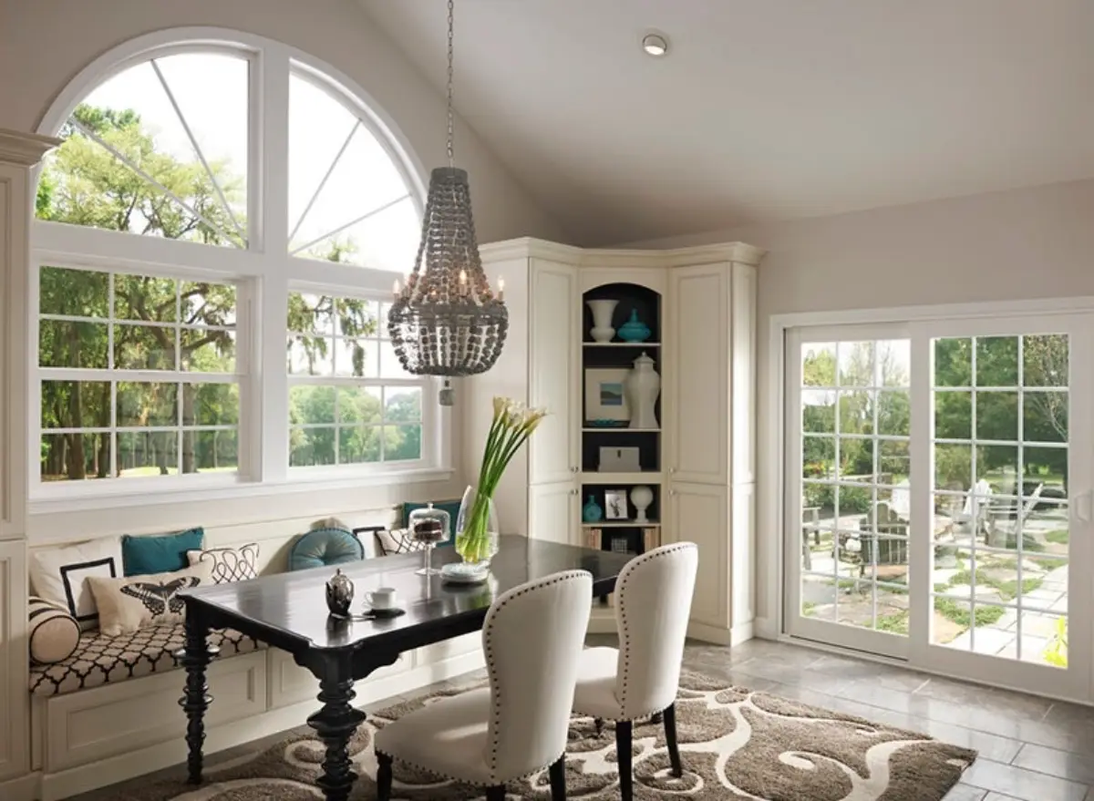 Dining room with Milgard V400 Tuscany arched and sliding windows
