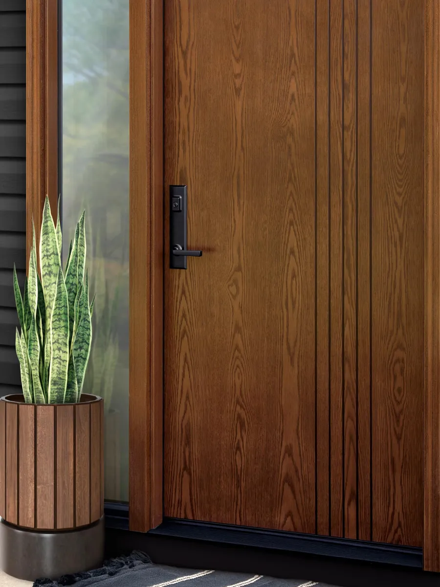ProVia Ascent white oak fiberglass door in a warm stain