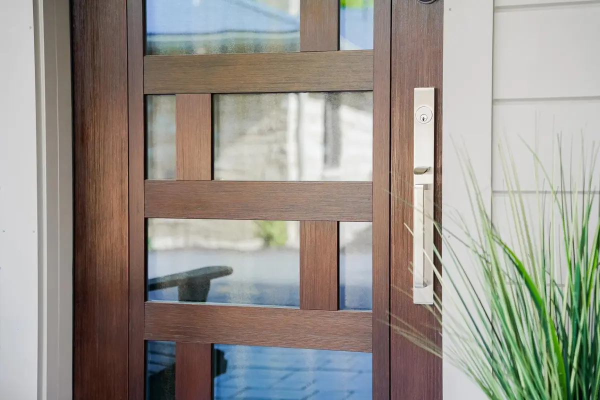 Modern fiberglass front door with glass inserts