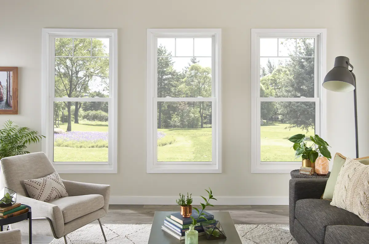 Living room with new double-hung windows