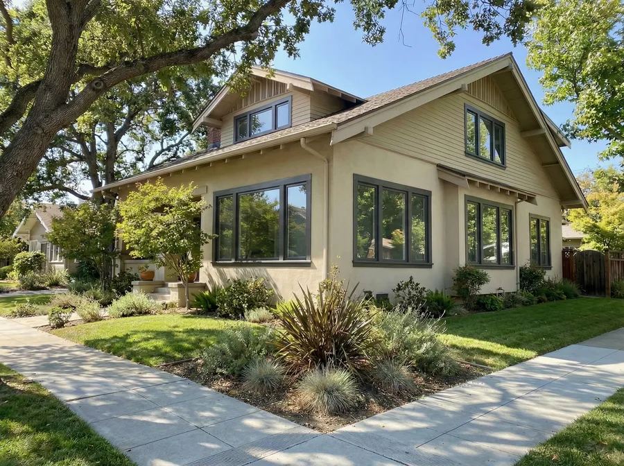 After: same craftsman home with new black aluminum windows