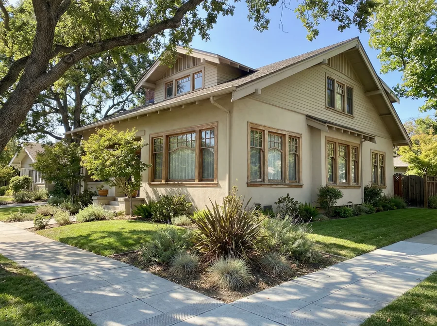 Before: craftsman home with original wood-trim windows