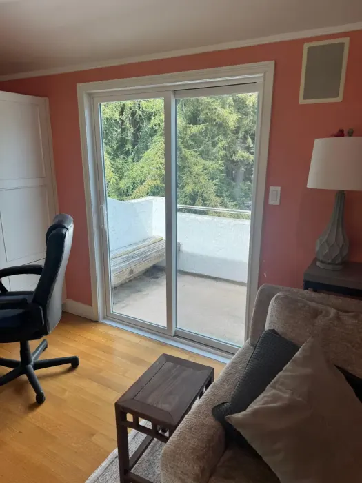 Sliding glass patio door replacement in living room, East Bay CA