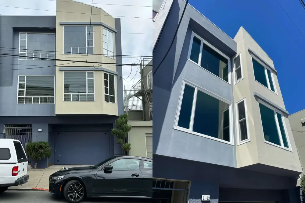 Before and after: full front window replacement on a stucco bay