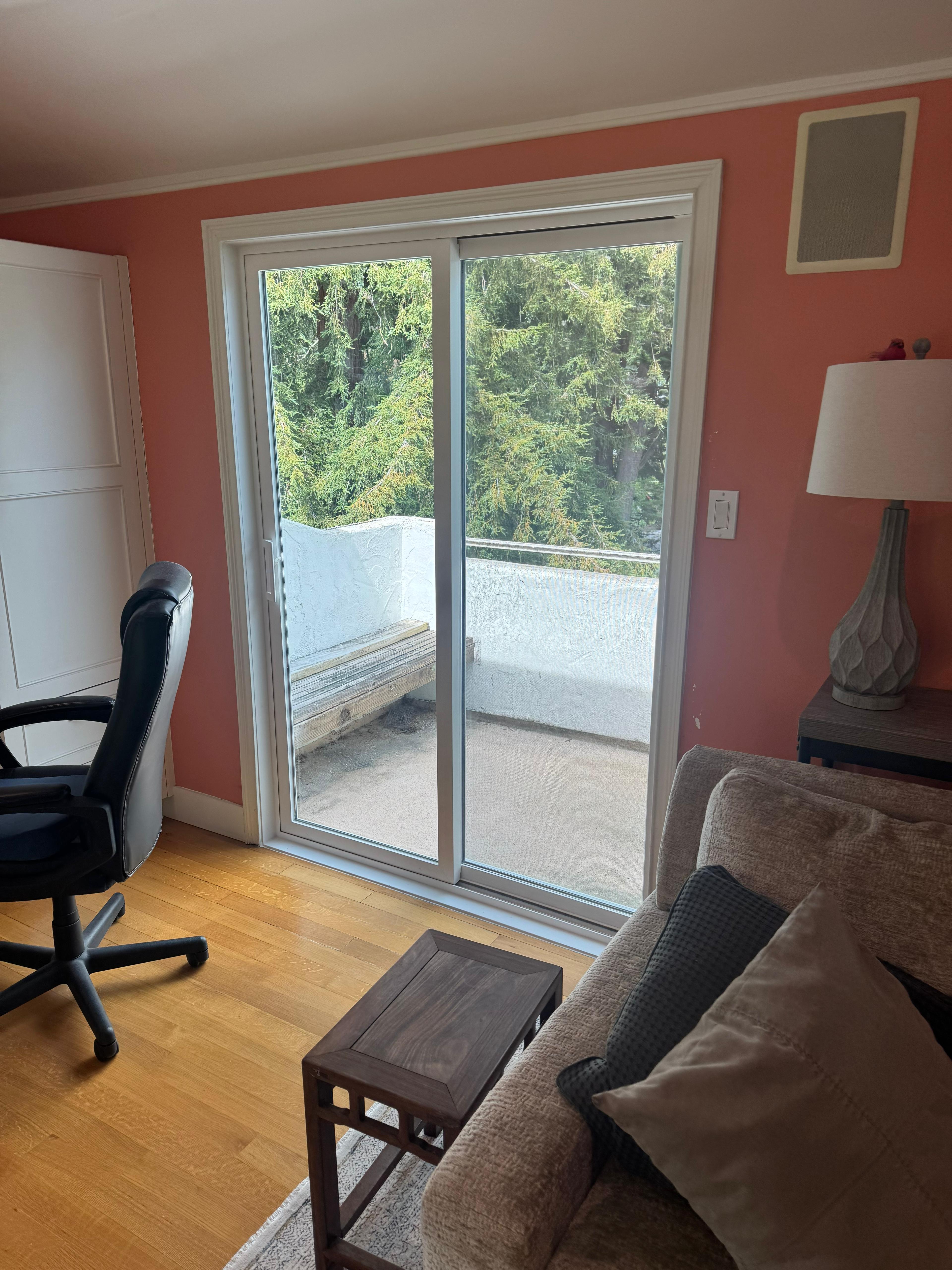 Sliding glass patio door replacement in living room, East Bay CA