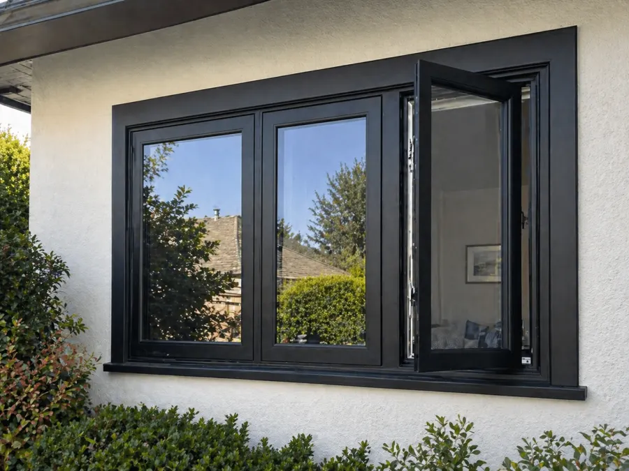 Black casement window open on a stucco home