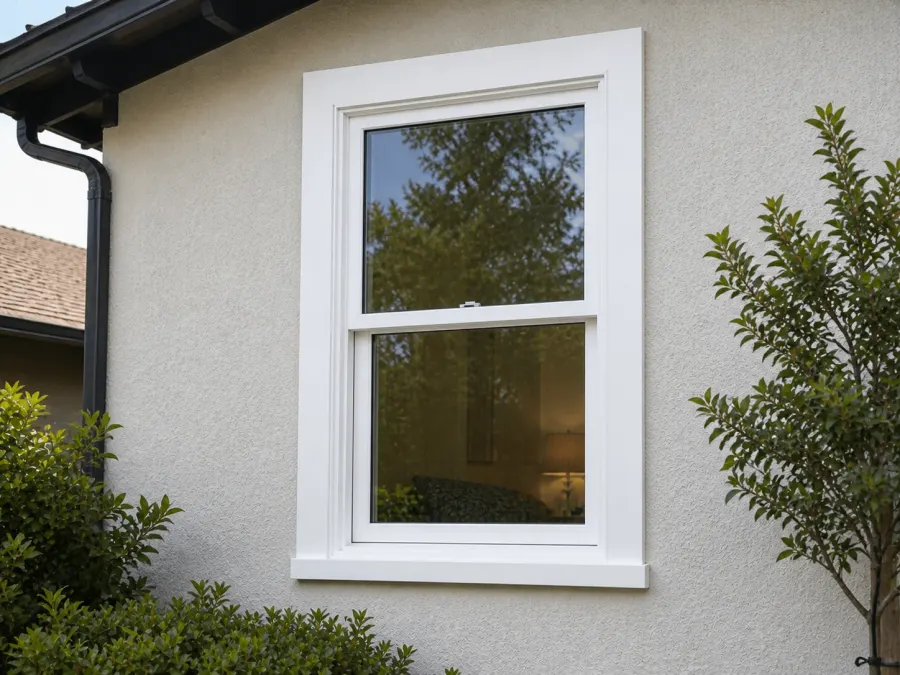 White double-hung window on a stucco home