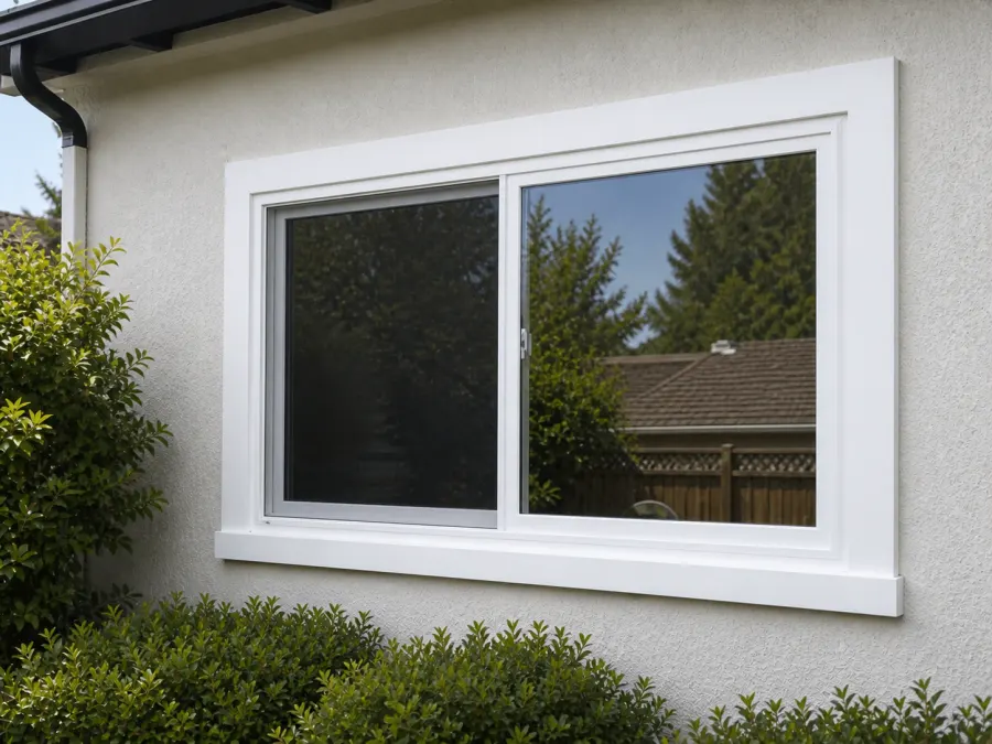 White vinyl sliding window in a stucco wall