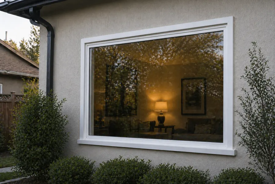Large picture window in a stucco wall
