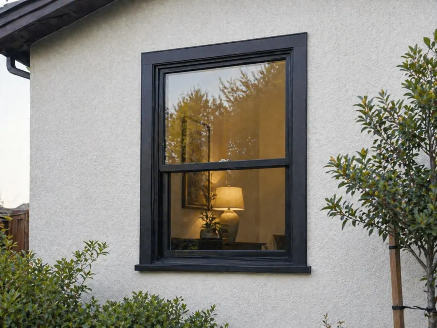 Single-hung window on a stucco home